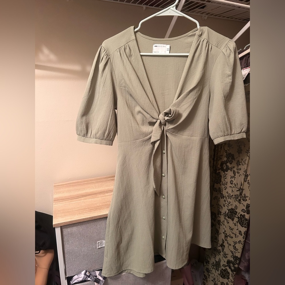 ASOS Sage Green Midi Dress with Tie-Front